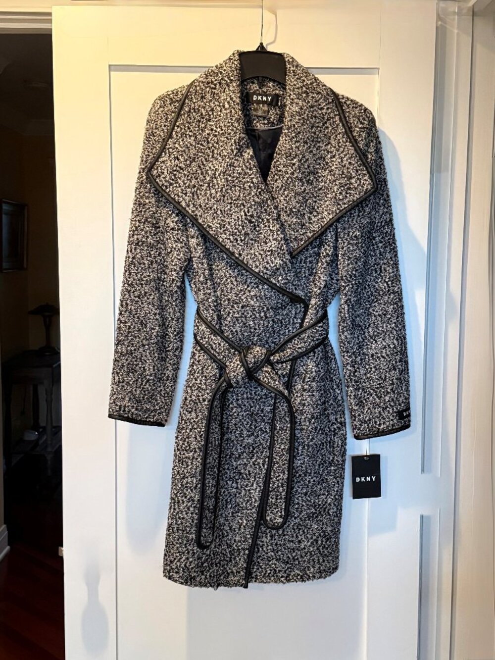 DKNY Gray & Black Tweed Wrap Coat - NWT - Size Medium